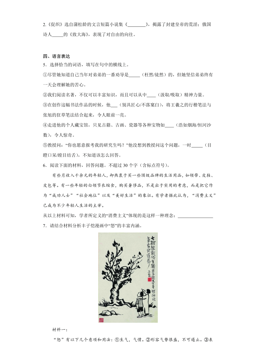 第四单元13.2《致大海》同步练习（含答案）2023-2024学年统编版高中语文选择性必修中册