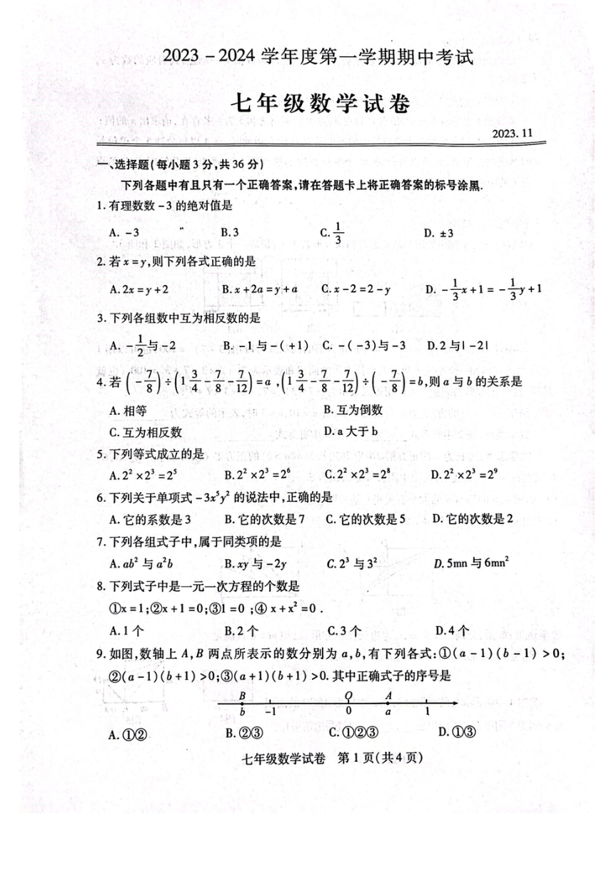 湖北省武汉市汉阳区2023-2024学年七年级上学期期中数学试题（图片版，无答案）