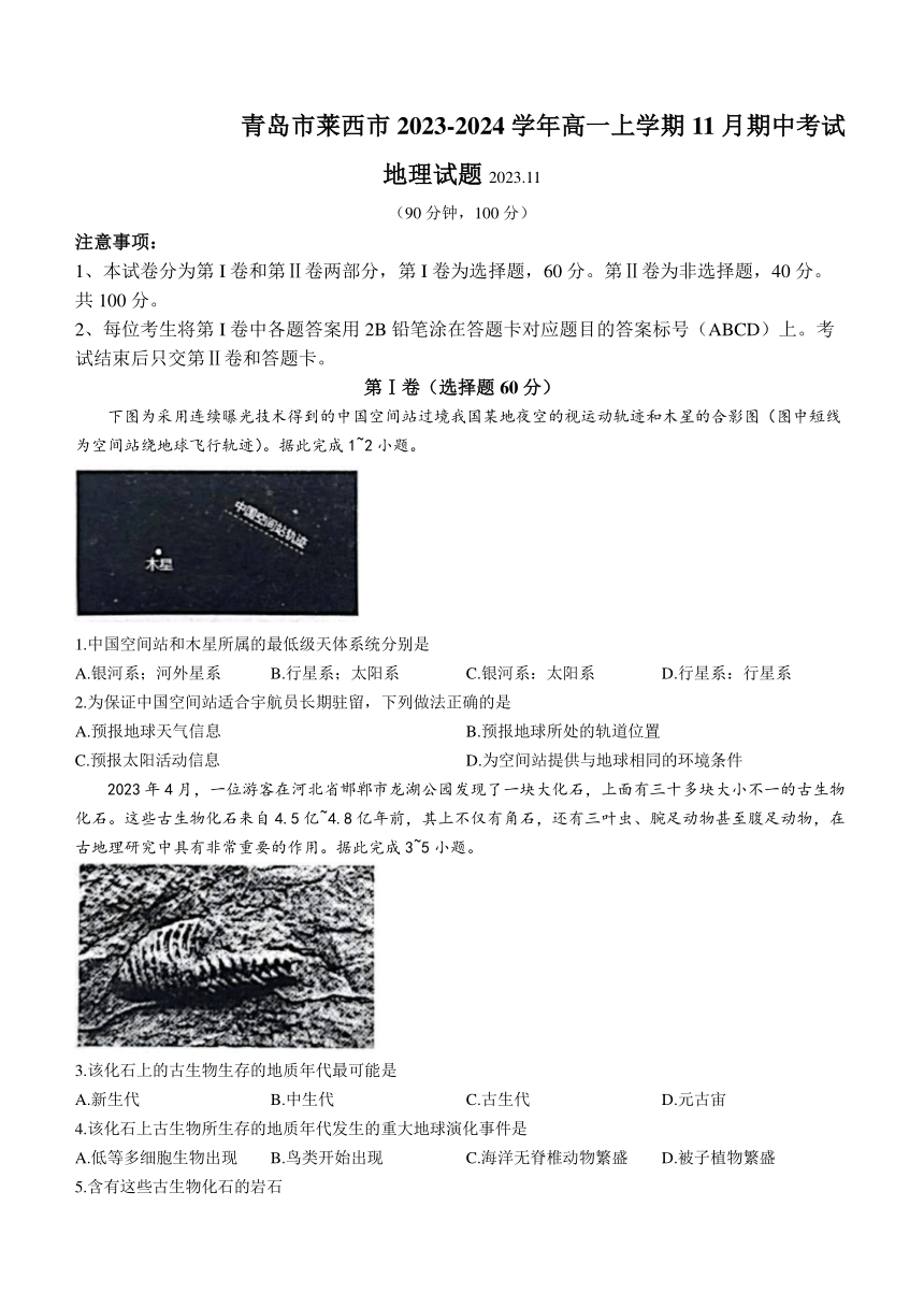 山东省青岛市莱西市2023-2024学年高一上学期11月期中考试地理试题（含答案）