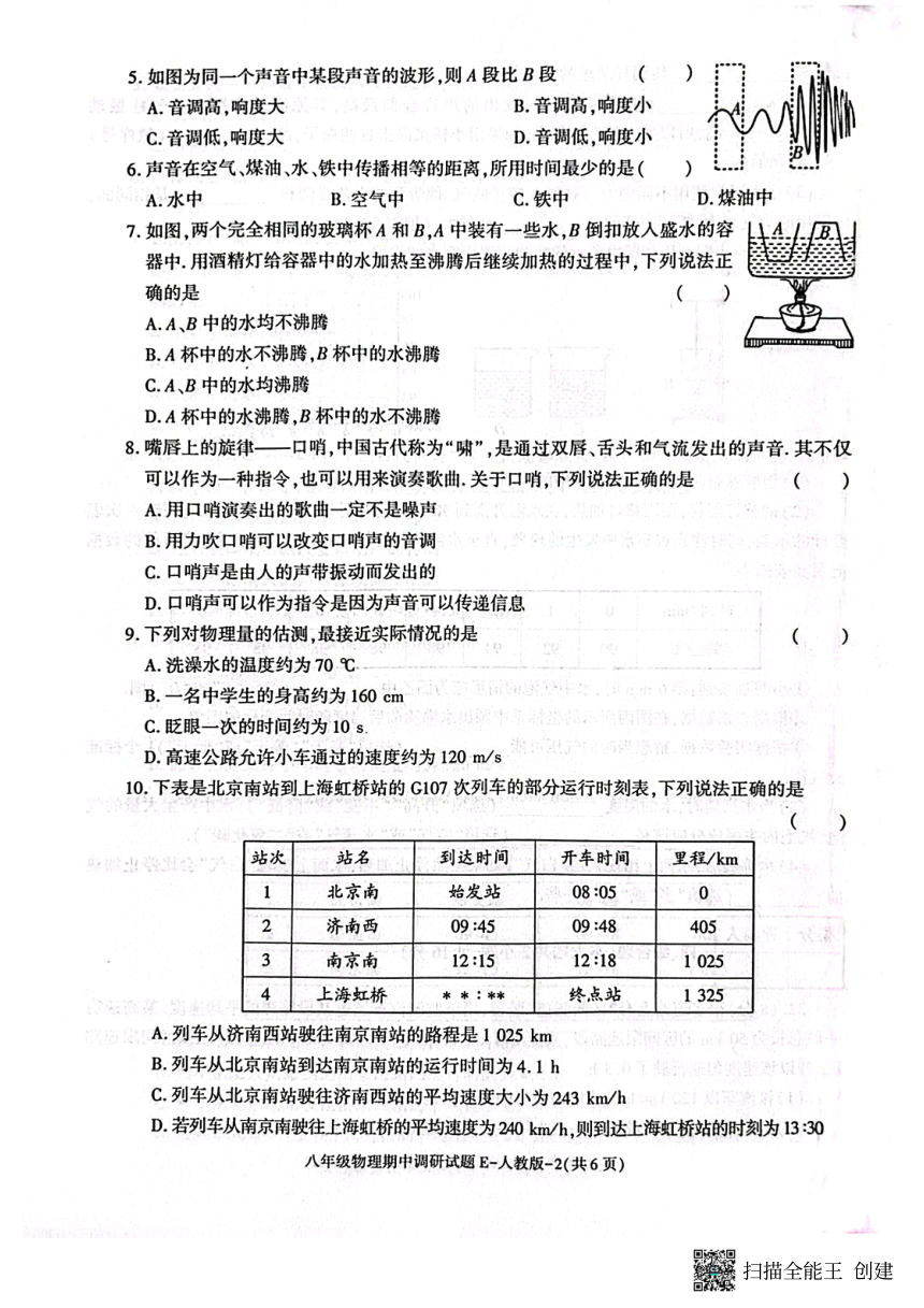 陕西省渭南市韩城市2023-2024学年八年级上学期期中质量检测物理试题（图片版 无答案）