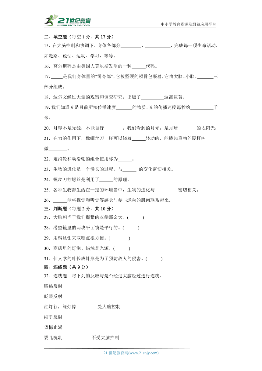 粤教版六年级上册科学期末试题 (含答案)