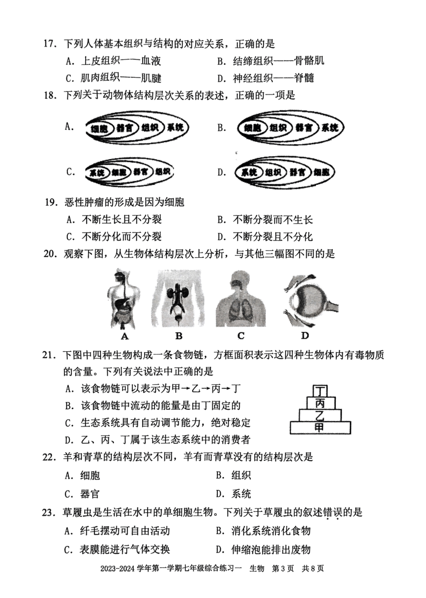 福建省三明市尤溪县2023-2024学年七年级上学期期中生物试题（pdf版无答案）