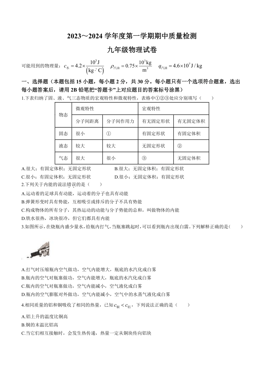2023-2024学年湖北省武汉市硚口区九年级上学期期中质量检测物理试题（含答案）