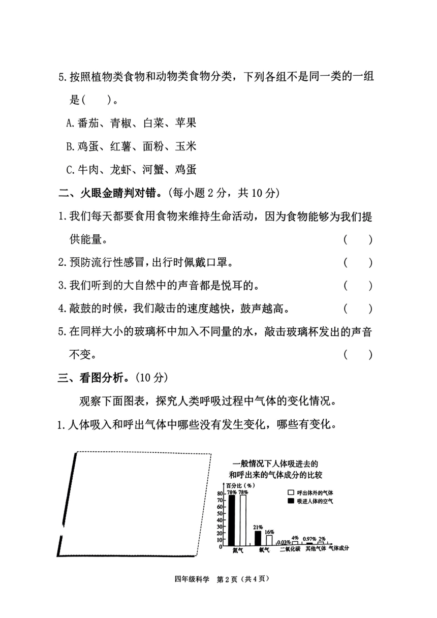 河南省驻马店市确山县城区2023-2024学年期中质量监测四年级上学期科学试卷（扫描版无答案）