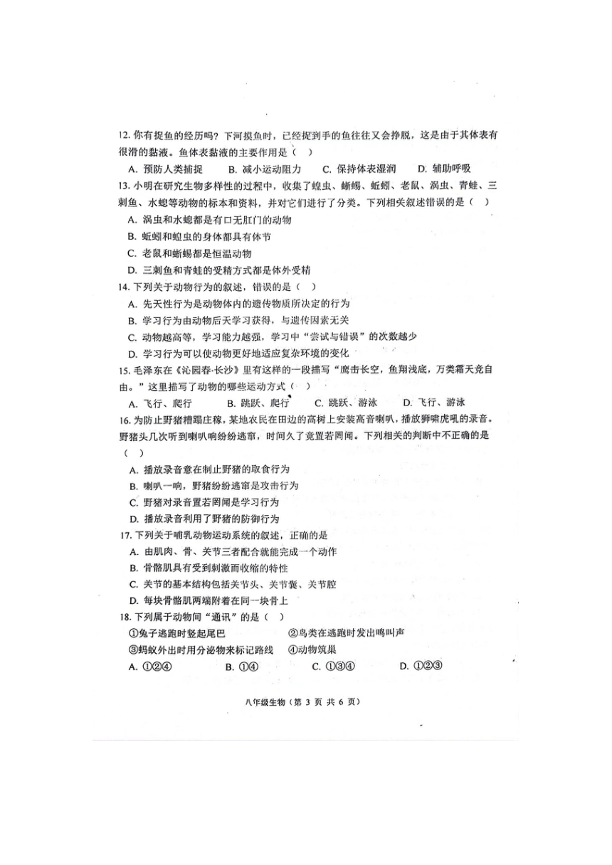 河北省唐山市遵化市2023-2024学年八年级上学期期中考试生物试卷（PDF版 无答案）