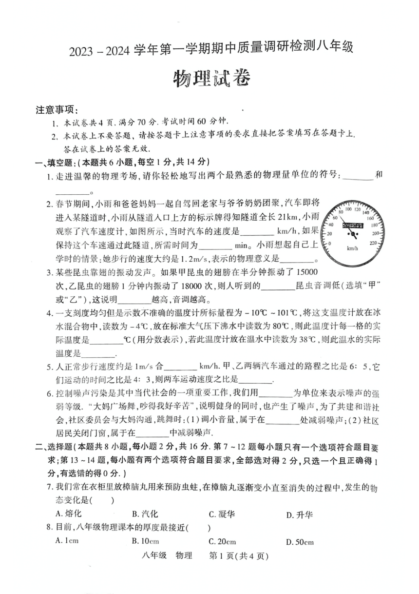 河南省洛阳市伊川县2023-2024学年八年级上学期11月期中物理试题（PDF版无答案）