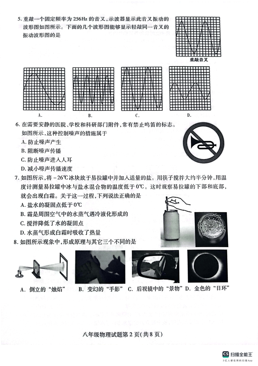 山东省潍坊市潍城区2023-2024学年上学期期中考试八年级物理试题（PDF版无答案）