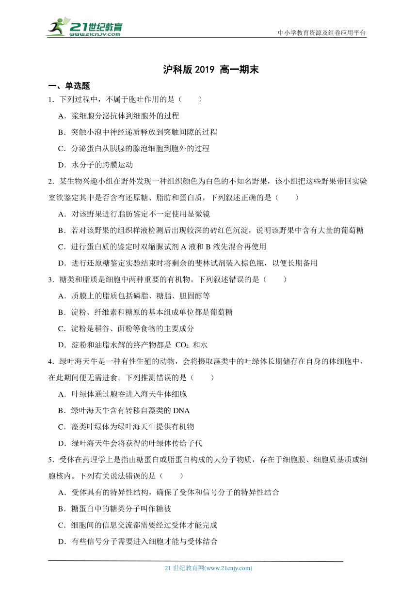 2023-2024学年高中生物沪科版（2019）高一上学期期末测试模拟卷（含解析）