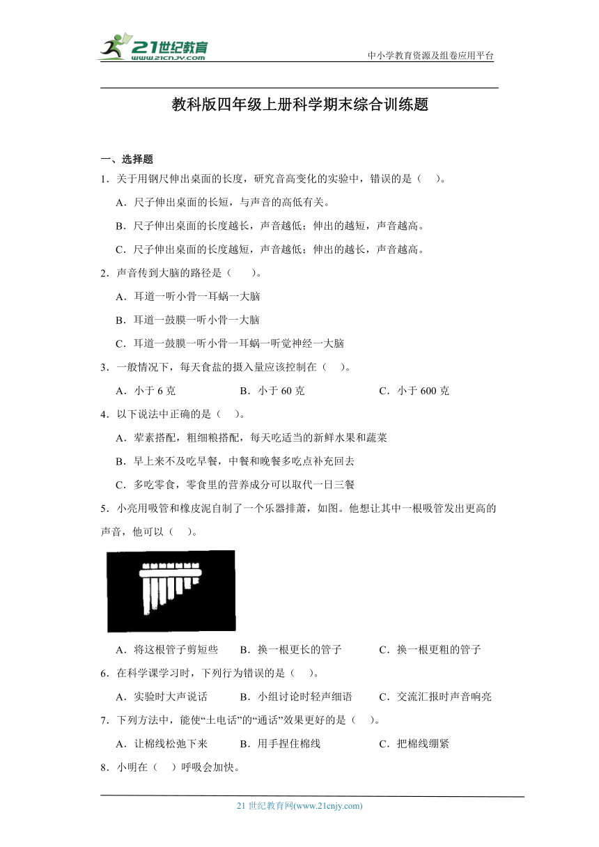 教科版四年级上册科学期末综合训练题（含答案）