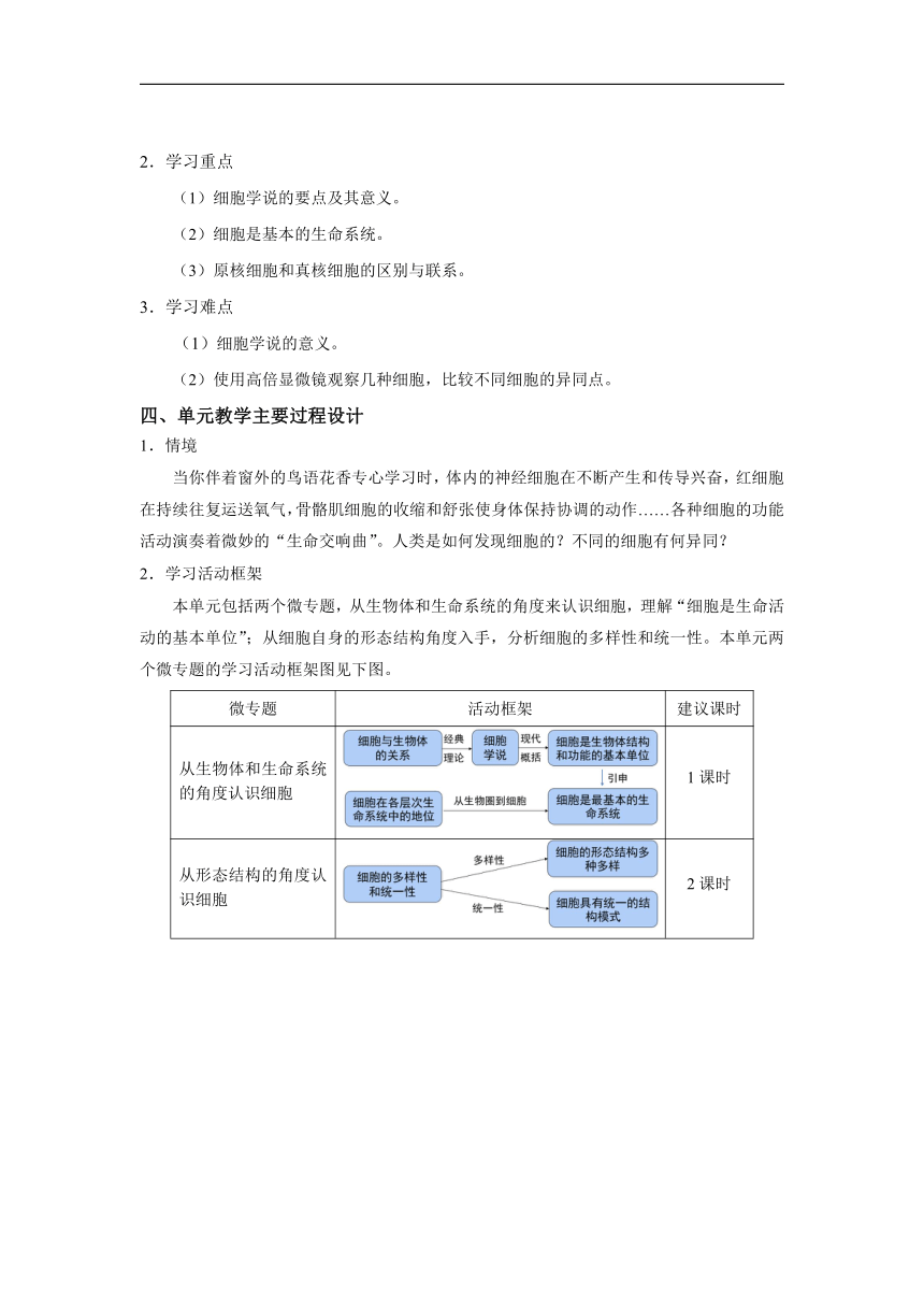 生物人教版（新教材）高中必修一 第一单元 细胞具有多样性和统一性