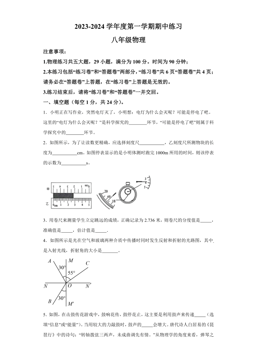 安徽省合肥市庐江县2023-2024学年八年级上学期11月期中物理试题（含答案）