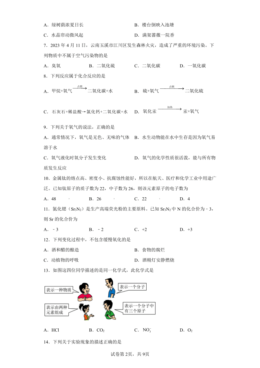 云南省昆明市第二十一中学2023-2024学年九年级上学期期中化学试题（含解析）