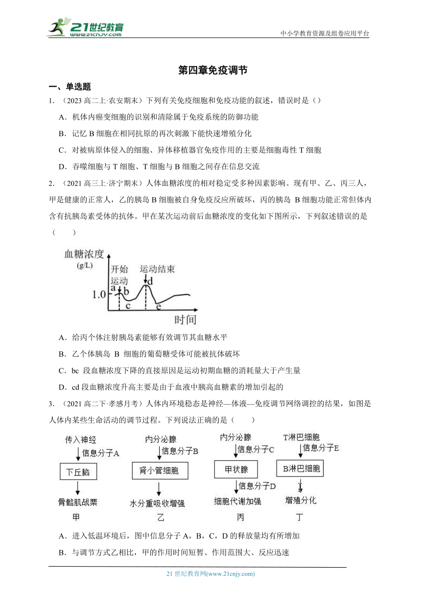 高中生物浙科版（2019）选修1  第四章免疫调节章节同步练习（含解析）