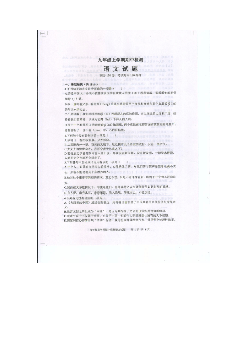 山东省泰安市新泰市2023-2024学年九年级上学期期中考试语文试题（pdf版无答案）