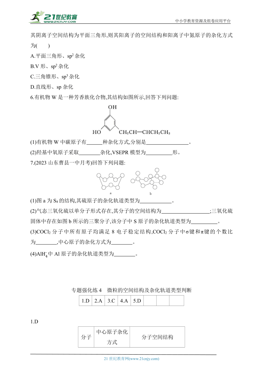 2024鲁教版高中化学选择性必修2同步练习题--专题强化练4 微粒的空间结构及杂化轨道类型判断（含解析）