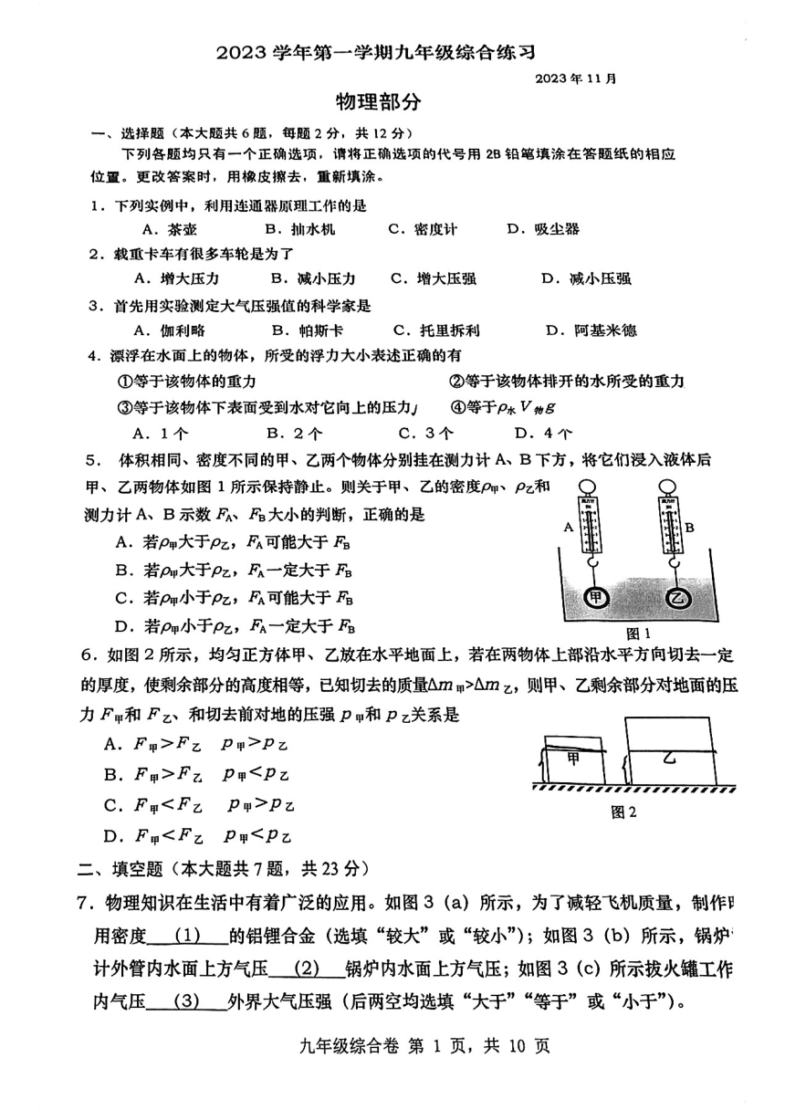 上海市罗星中学2023-2024学年九年级上学期期中考试物理试卷（PDF版无答案）
