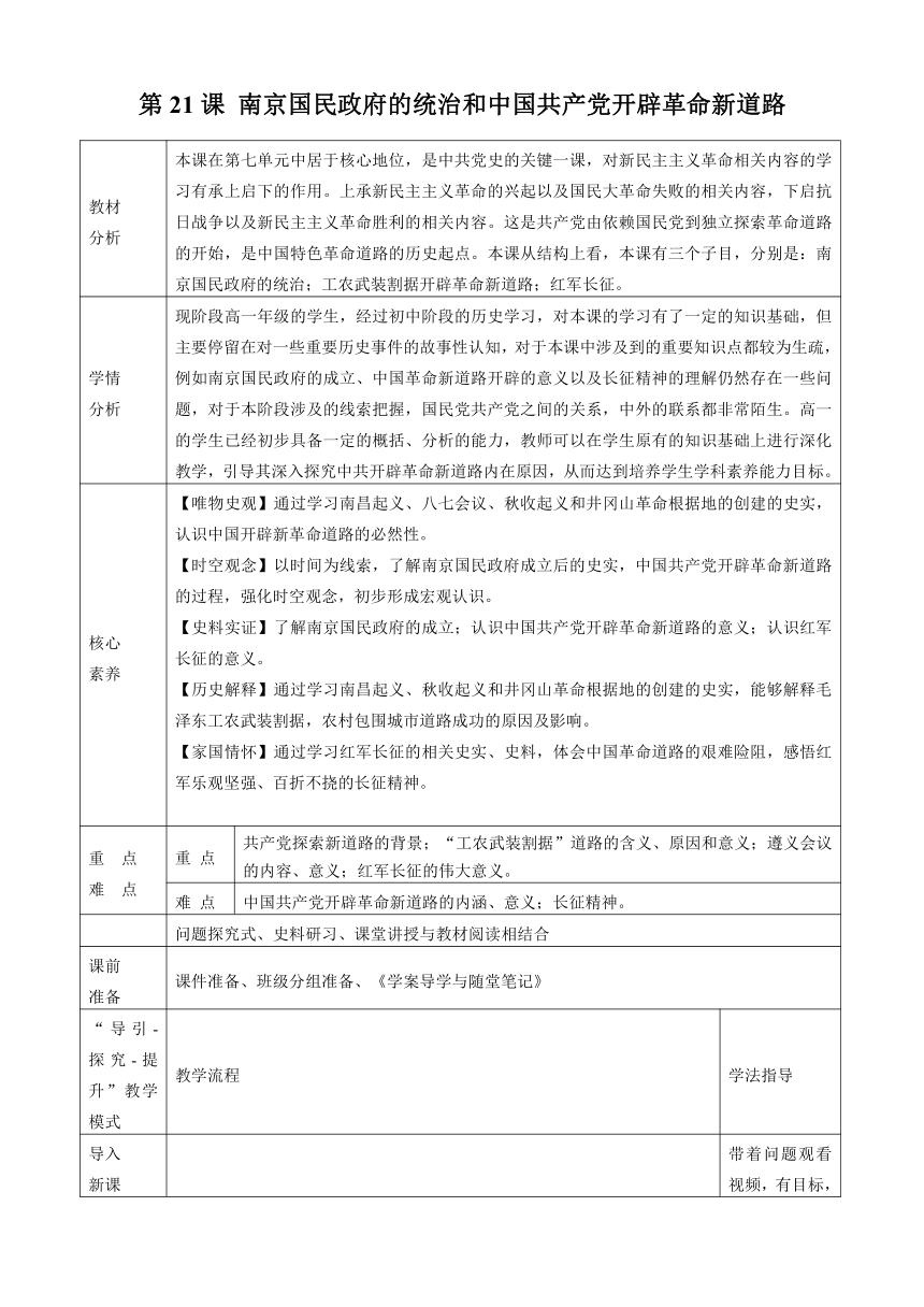 【核心素养】第21课 南京国民政府的统治和中国共产党开辟革命新道路 教学设计（表格式）--2023-2024学年统编版（2019）高中历史必修中外历史纲要上册