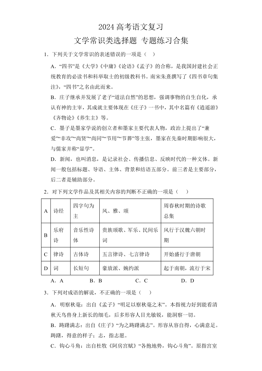 2024高考语文复习 文学常识类选择题 专题练习合集（含解析）