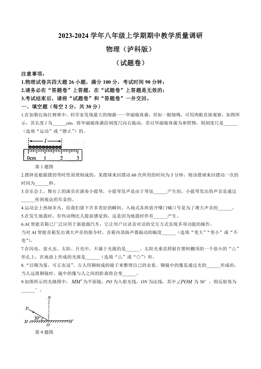 安徽省宿州市砀山县2023-2024学年八年级上学期期中质量检测物理试题（含答案））