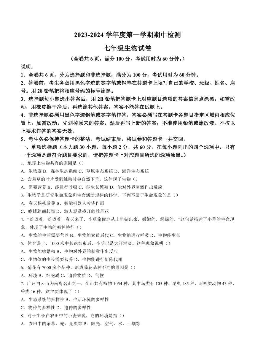 广东省惠州市惠东县2023-2024学年七年级上学期期中生物试题（含答案）