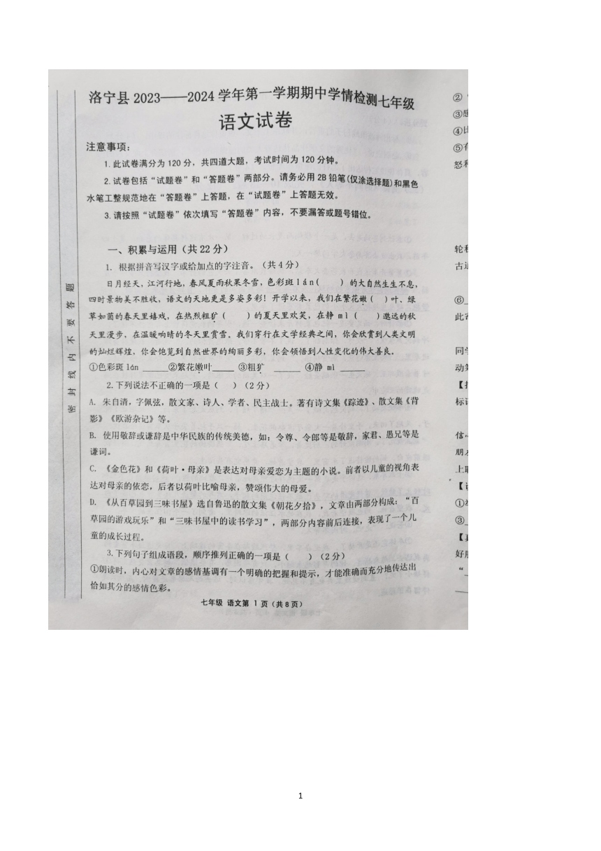 河南省洛阳市洛宁县2023-2024学年七年级上学期11月期中考试语文试题（图片版含答案）