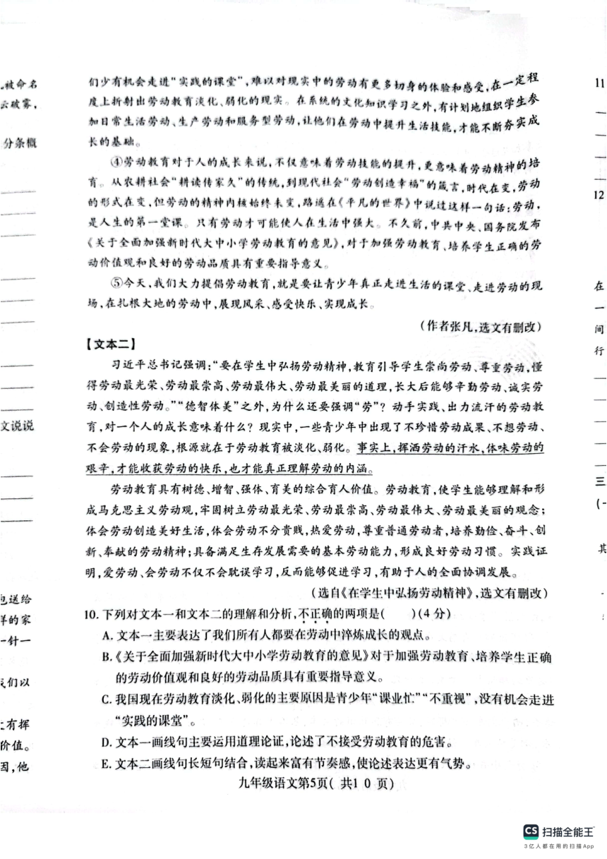 河南省许昌市襄城县2023-2024学年九年级上学期11月期中语文试题（扫描版，含答案）