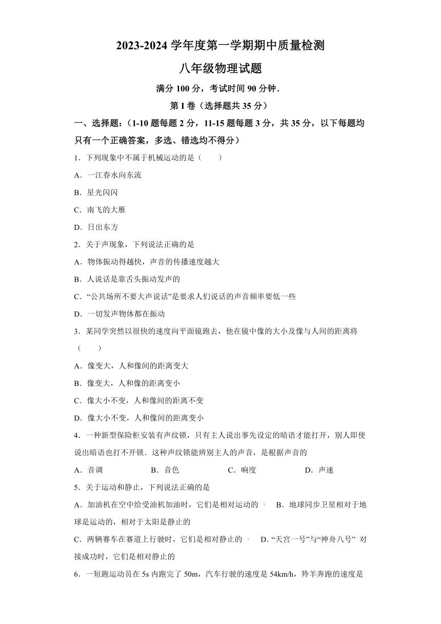 山东省泰安市东平县（五四制）2023-2024学年八年级上学期期中考试物理试题（word版解析版）