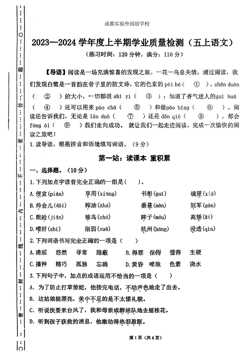 四川省成都市实验外国语学校附属小学2023-2024学年五年级上册期中语文试卷（PDF版，无答案）