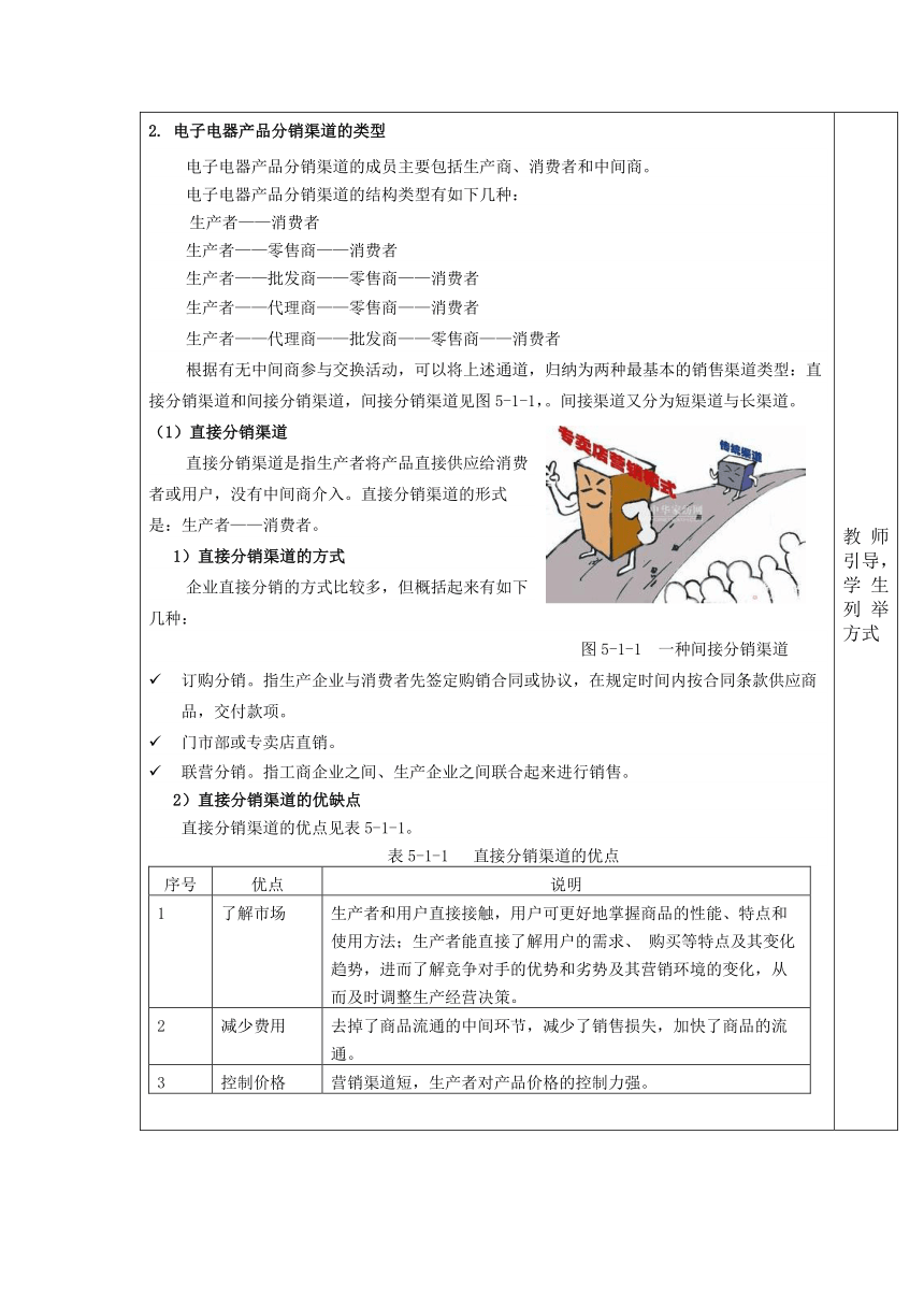 中职语文出版社《电子整机及产品营销实务》  模块 五  电子电器产品的渠道策略5.1  选择电子电器产品的分销渠道 教案（表格式）