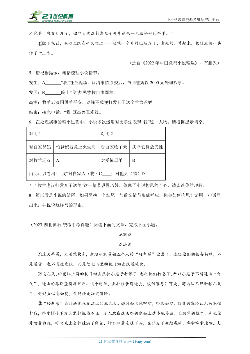 2021-2023年中考语文三年真题分类汇编（全国版）16小说 试卷（含答案解析）