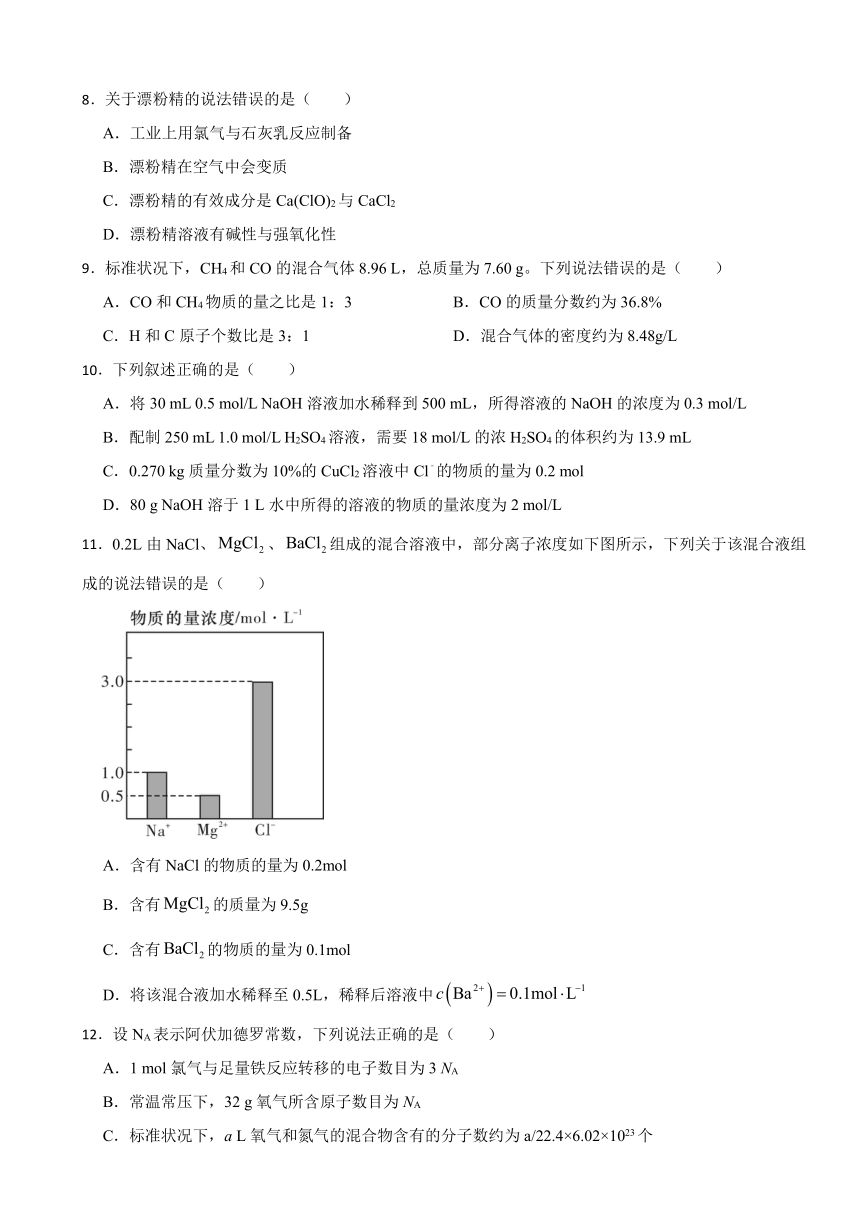 第1章 认识化学科学 章节测试（含解析） 2023-2024学年高一上学期化学鲁科版（2019）必修第一册