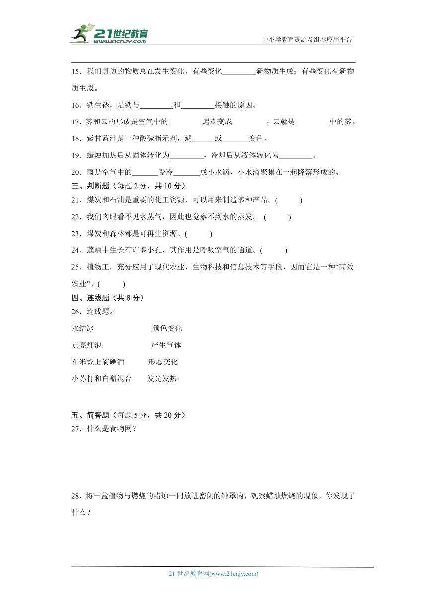 人教鄂教版六年级上册科学期末测试题（含答案）