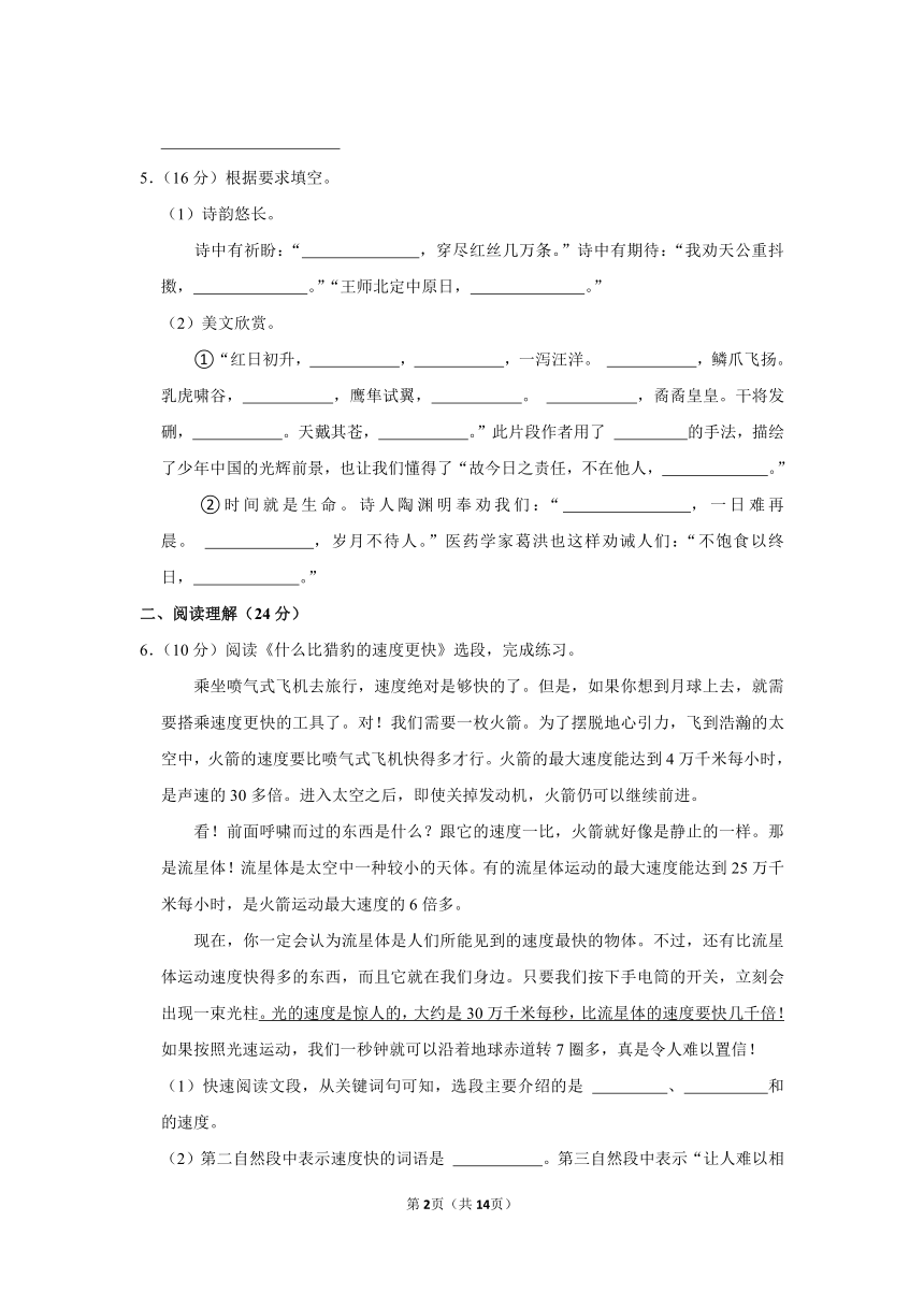 河南省南阳市宛城区2023-2024学年五年级上册期中语文试卷（含解析）