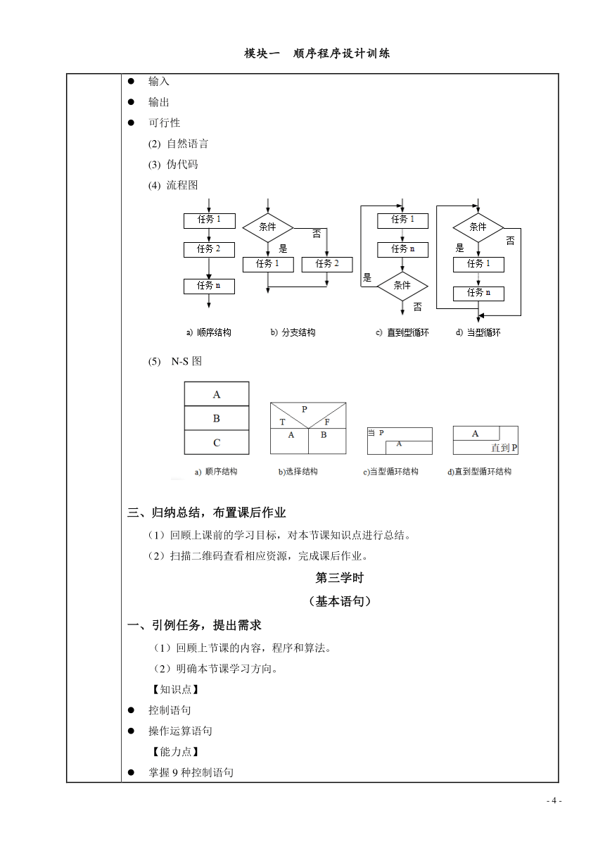 模块一  顺序程序设计训练 电子教案（表格式） C语言程序设计（高教版）