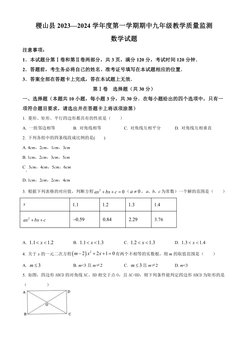山西省运城市稷山县2023-2024学年九年级上学期期中数学试题（含答案解析）