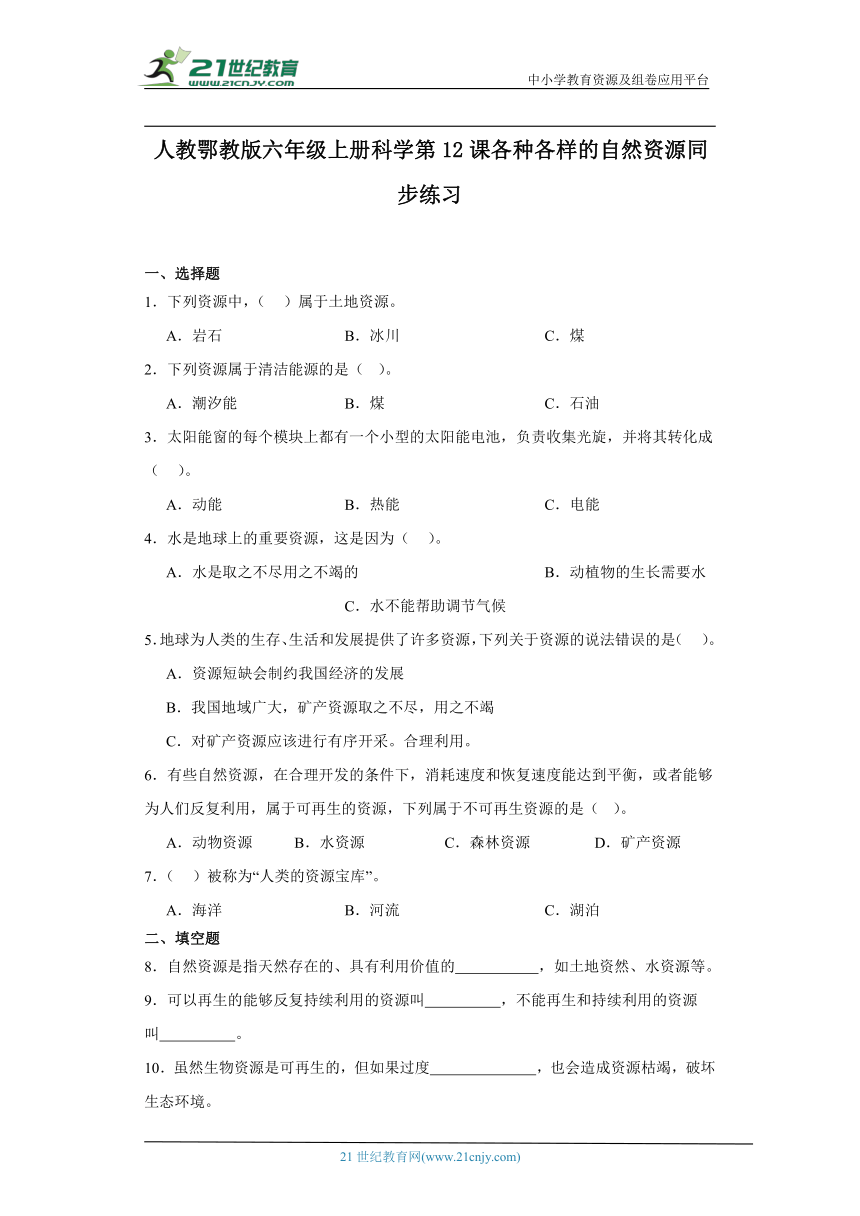 人教鄂教版六年级上册科学4.12 各种各样的自然资源 同步练习（含答案）