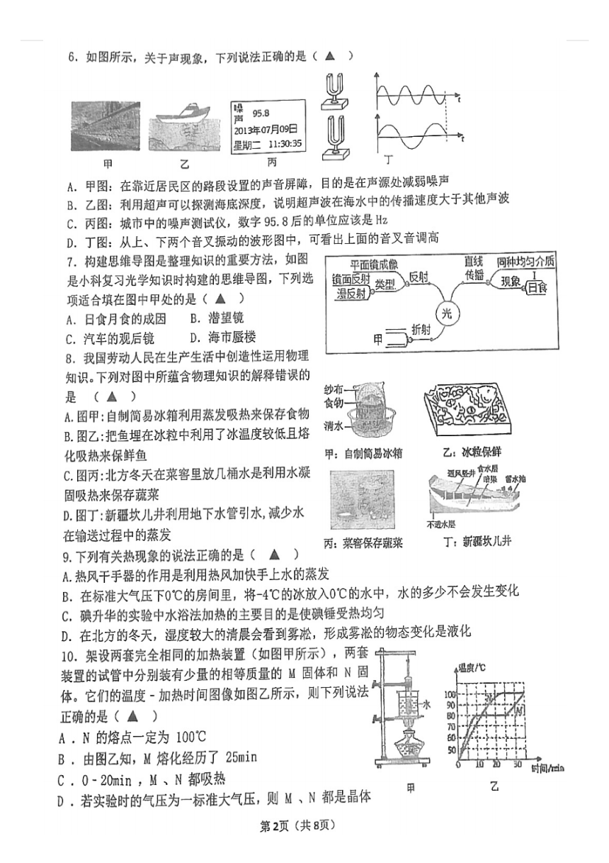 江苏省扬州市江都区第三中学2023-2024学年八年级上学期物理期中试卷（PDF版 无答案）