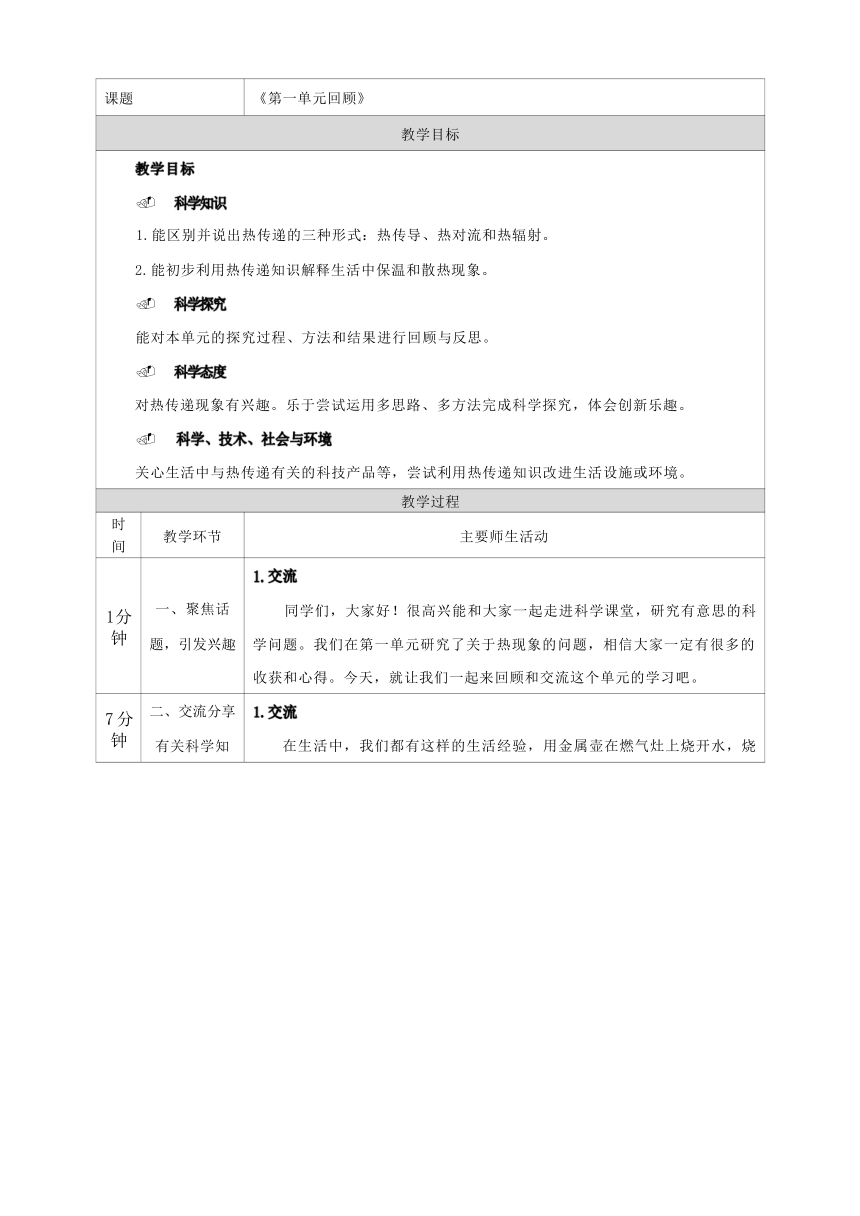 人教鄂教版（2017秋）五年级科学上册第一单元烧水过程中的热传递单元回顾 教学设计（表格式）