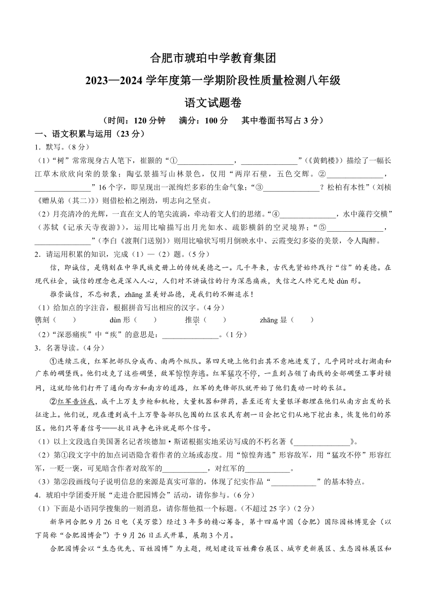 安徽省合肥市琥珀中学2023-2024学年八年级上学期期中语文试题(含答案)