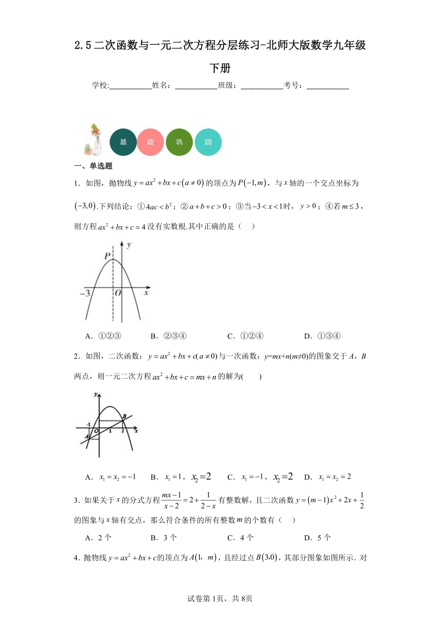 2.5二次函数与一元二次方程分层练习-北师大版数学九年级下册（文字版,有答案）