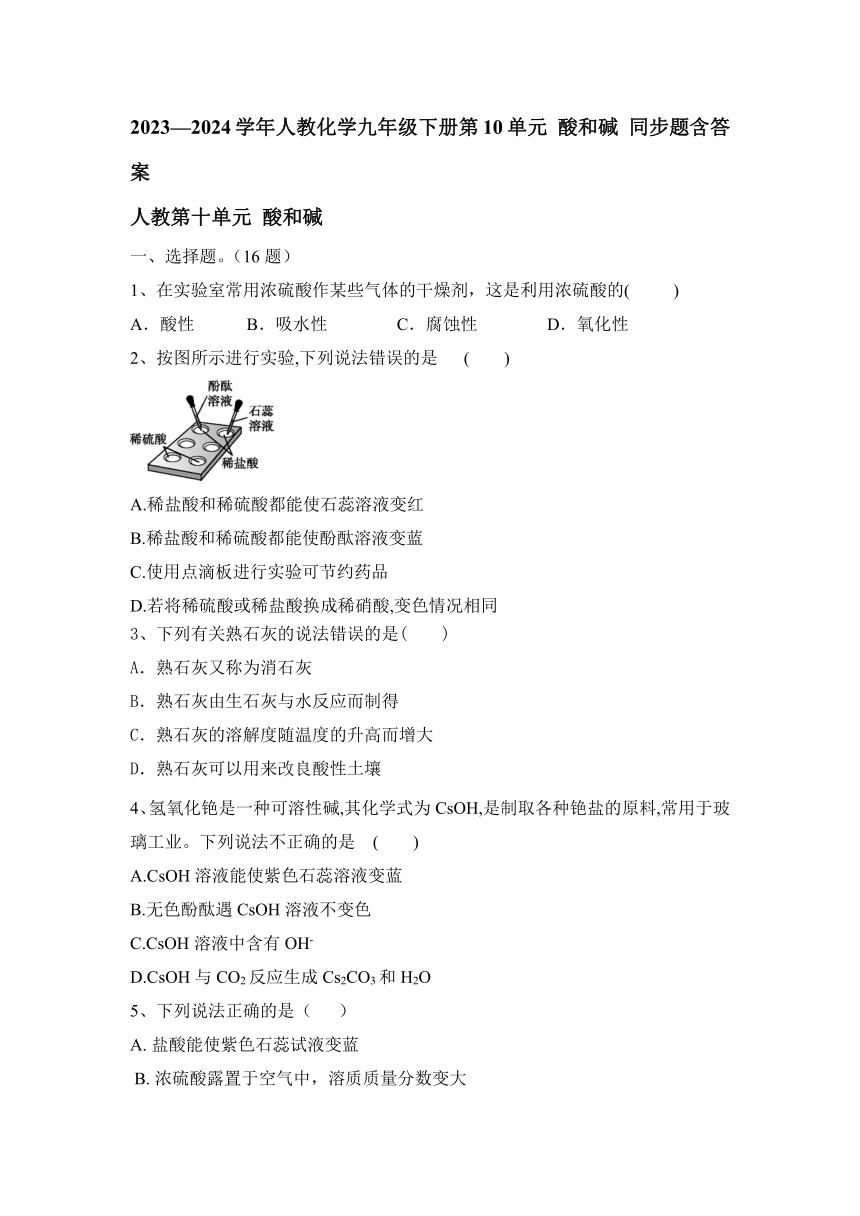 2023—2024学年人教化学九年级下册第十单元 酸和碱 同步题（含答案）