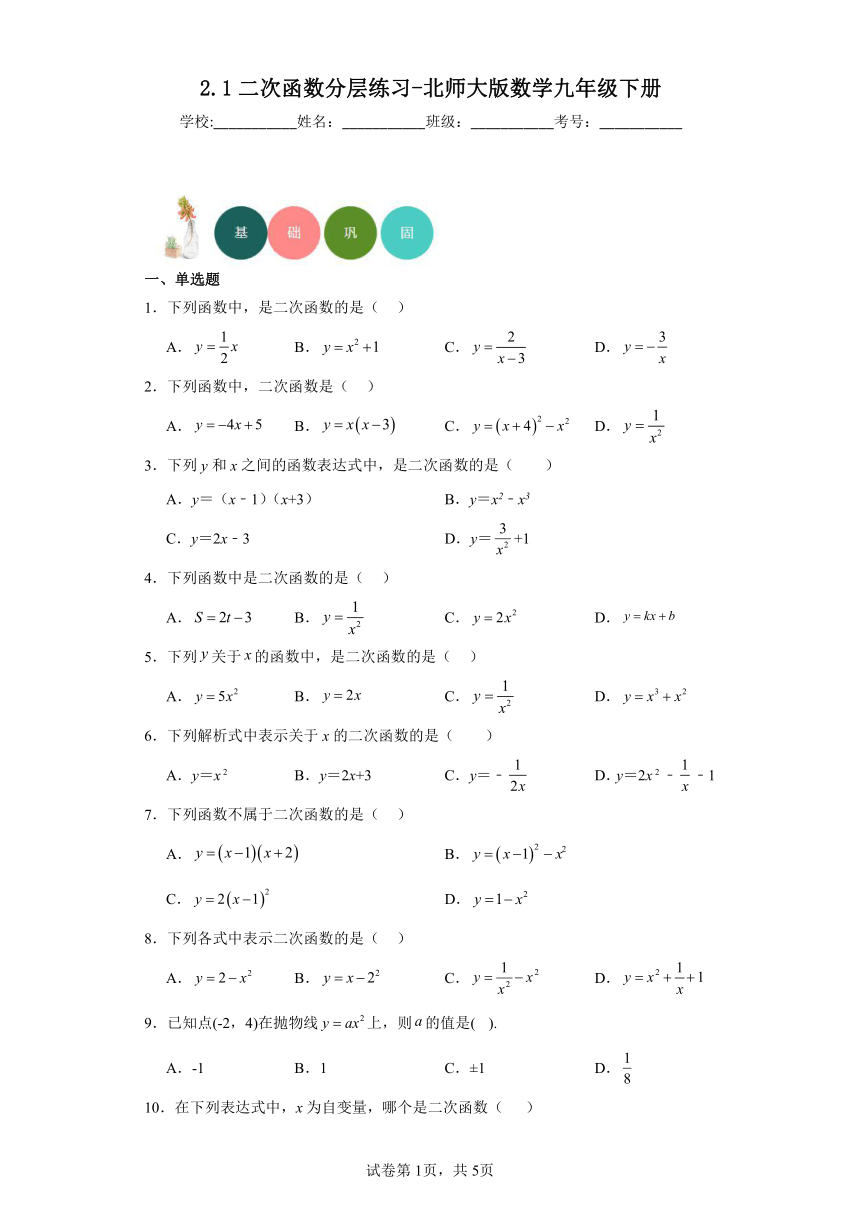 2.1二次函数分层练习-北师大版数学九年级下册（文字版,有答案）