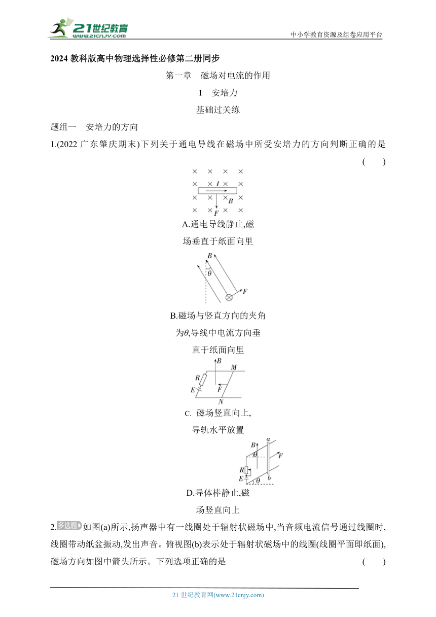 2024教科版高中物理选择性必修第二册同步练习（有解析）--1 安培力