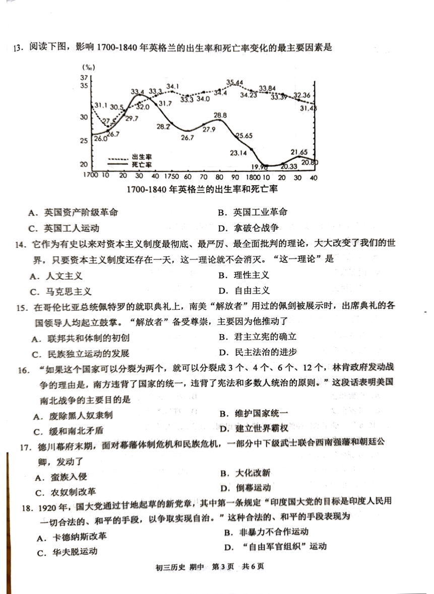 江苏省苏州市2023-2024学年九年级上学期期中历史试题（扫描版无答案）