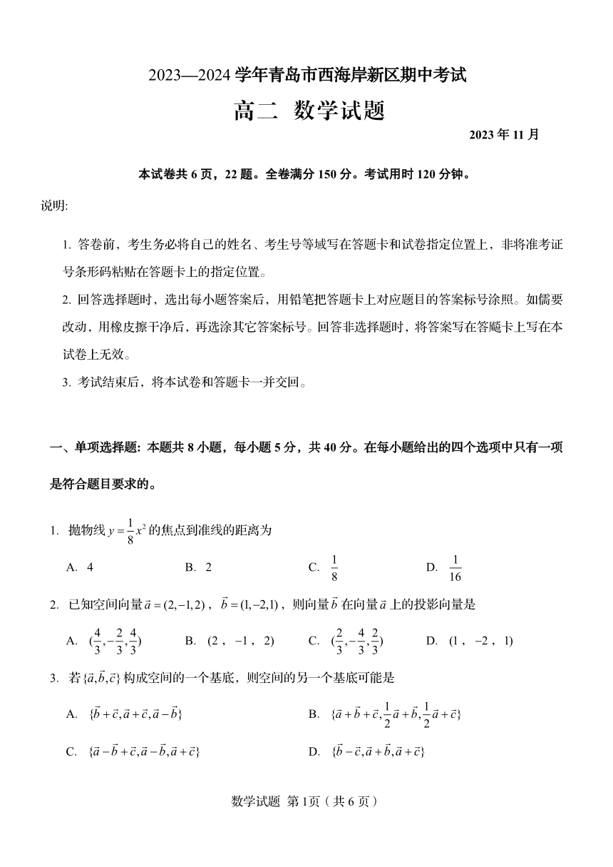 山东省青岛市西海岸新区2023-2024学年高二上学期期中考试数学试题（PDF版无答案）