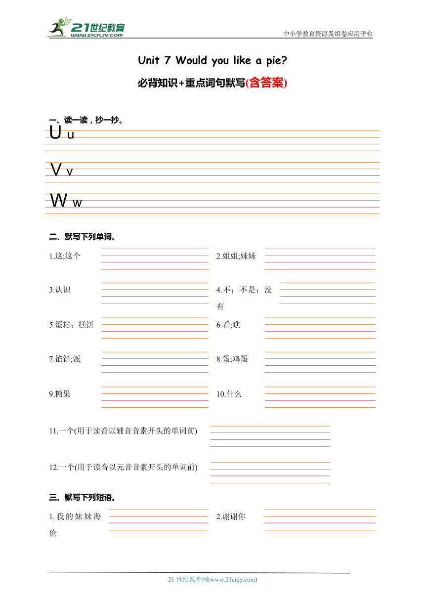 Unit 7 Would you like a pie? 必背知识+重点词句默写(含答案)