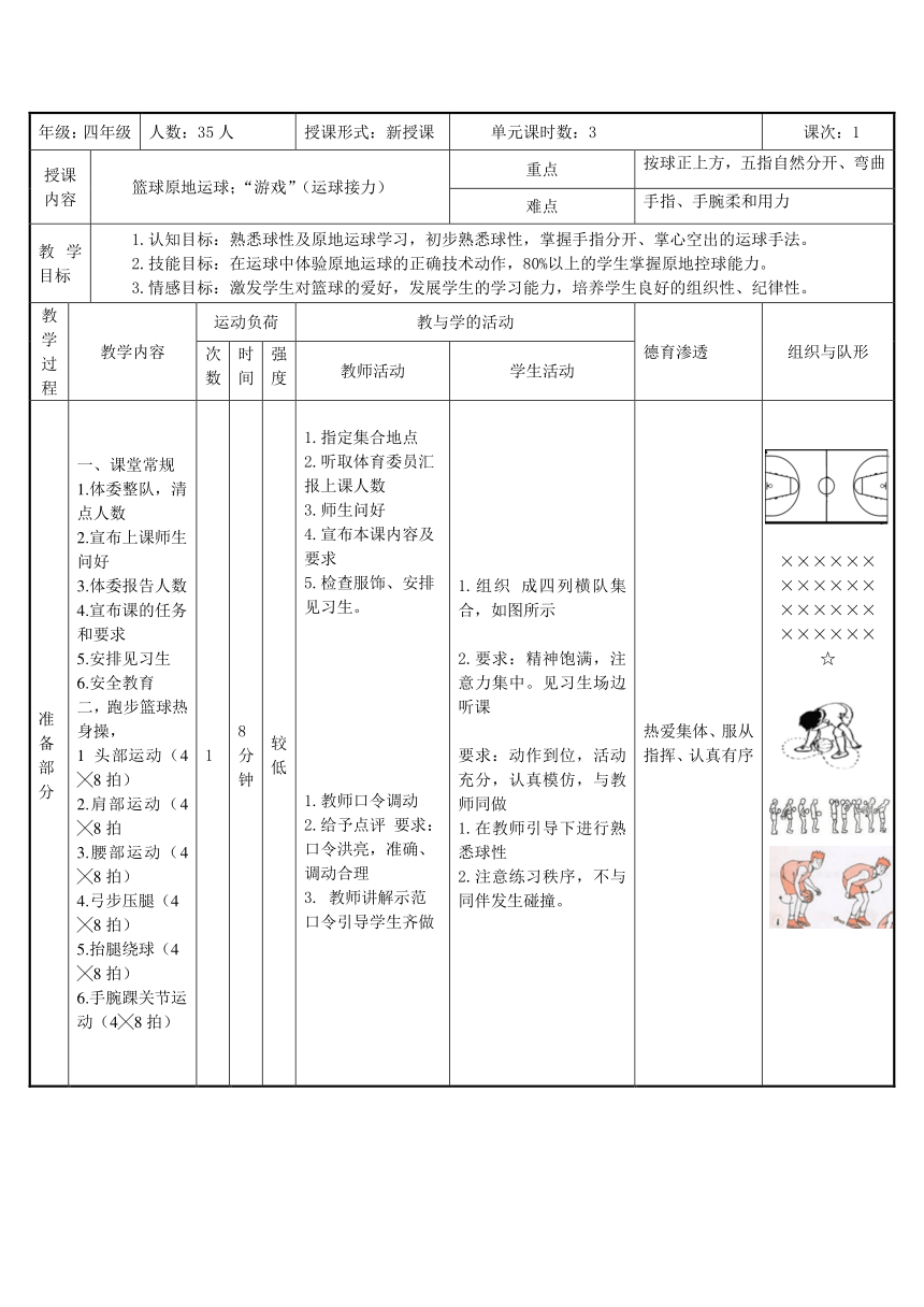 人教版体育三年级上册篮球原地运球（教案）（表格式）