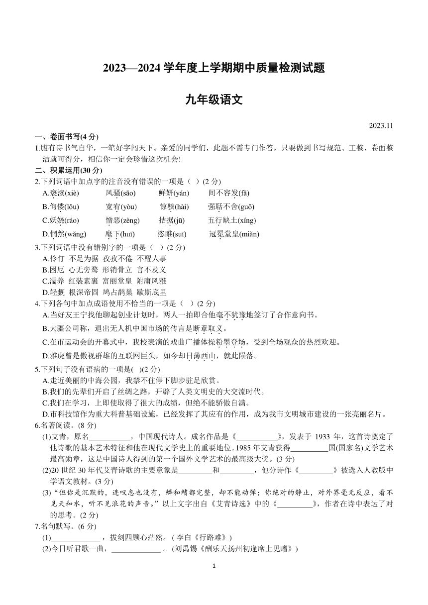 山东省临沂市平邑县2023-2024学年九年级上学期期中考试语文试题（含答案）