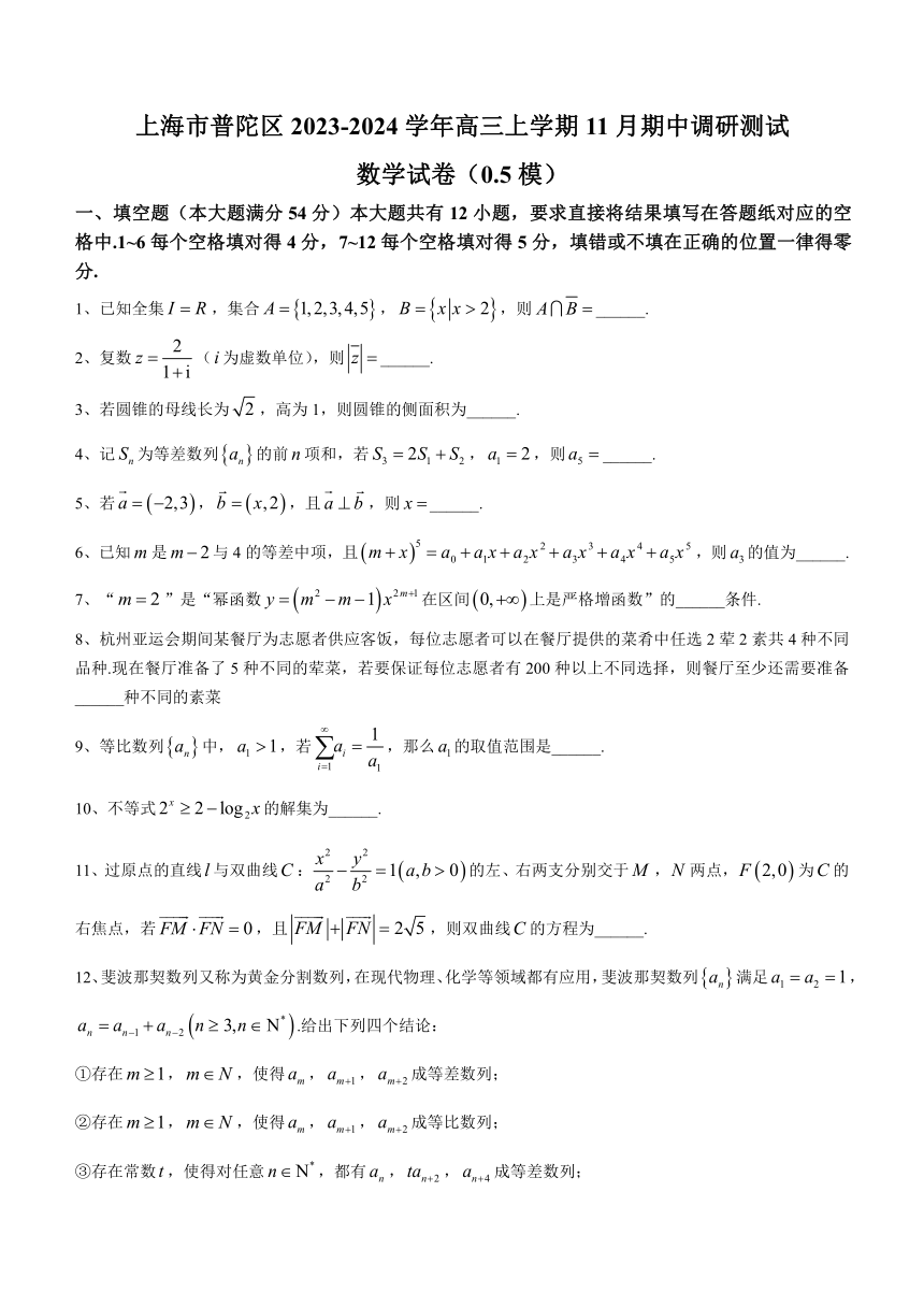 上海市普陀区2023-2024学年高三上学期11月期中调研测试数学试题（含答案）