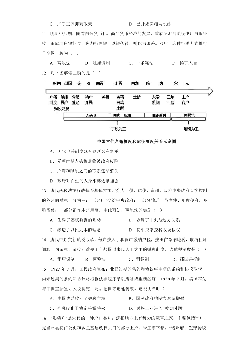 第16课 中国赋税制度的演变 练习 2023-2024学年高中历史统编版（2019）选择性必修一（含答案）